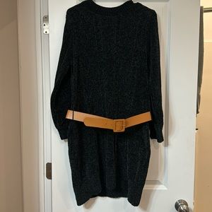 Dark sweater dress with brown belt